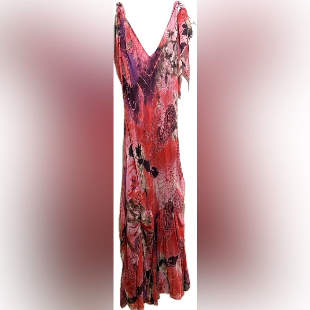 Laurel Escada pink abstract floral silk chiffon fully lined slip dress 40 NWOT